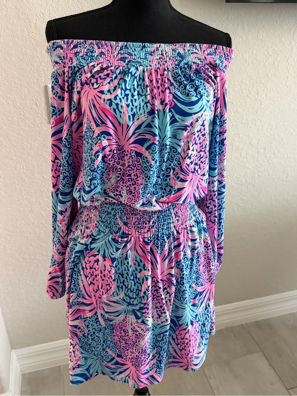 Lilly Pulitzer Strapless Tropical Pineapple Print Dress in Pink & Blue